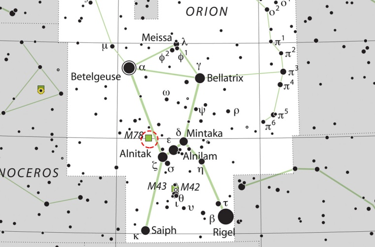 Diese Karte zeigt die Position des entstehenden Sterns HOPS-315 im Sternbild Orion.