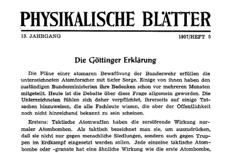 Die Göttinger Erklärung wurde auch im Mai-Heft der Physikalischen Blätter...