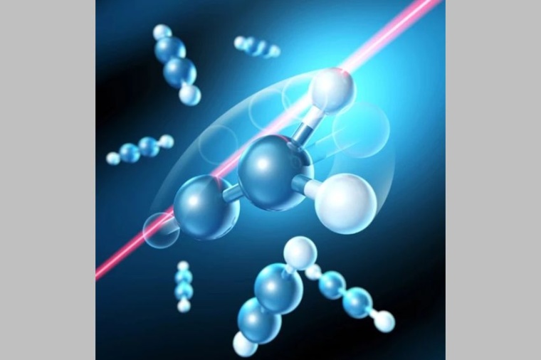Abb.: Ein Laserpuls trifft auf ein Kohlenstoffmolekül, löst von dessen einem...