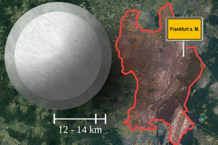 Abb.: Größenvergleich eines typischen Neutronensterns zur Stadt Frankfurt...