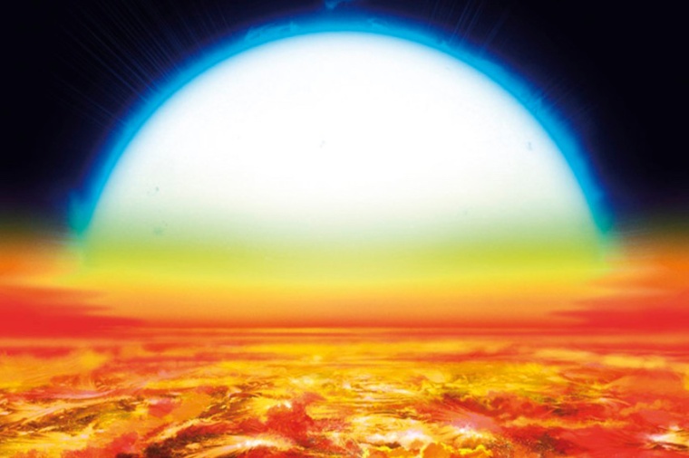 Abb.: Künstlerische Ansicht eines Sonnen­untergangs über KELT-9b. Die...