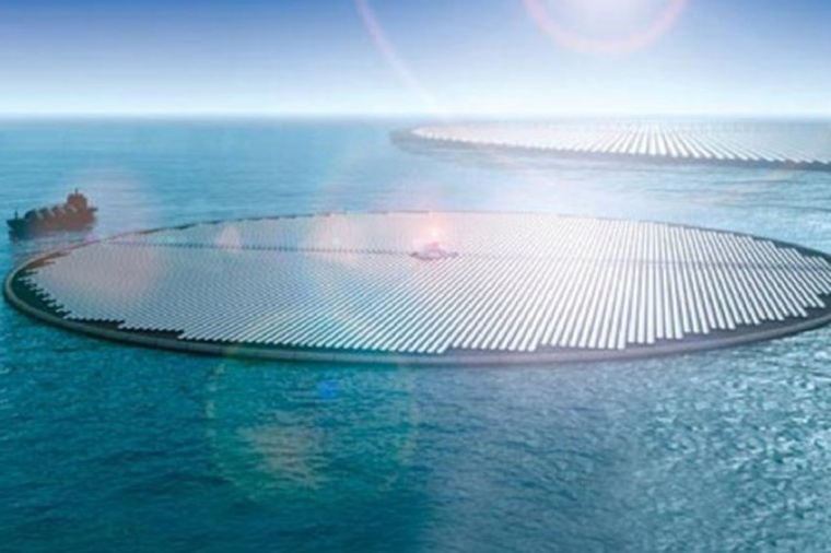 Abb.: So könnten die schwimmenden Solarinseln aussehen. Auf dem Schiff links...