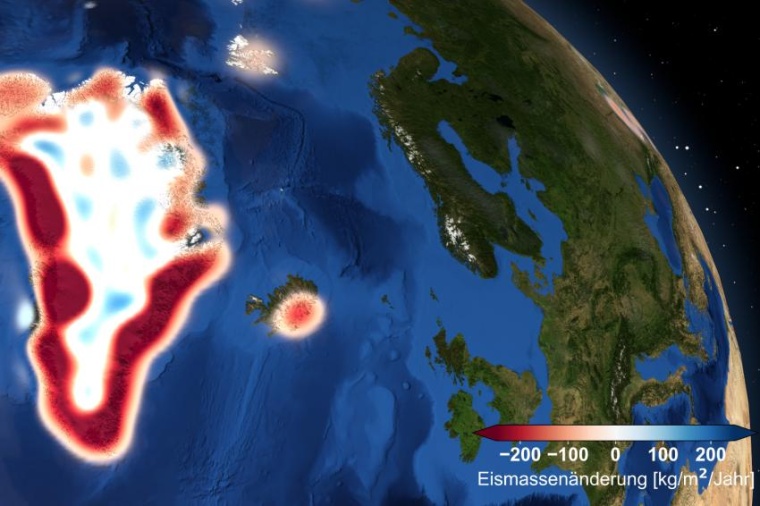 Abb.: Die Grafik zeigt – basierend auf GOCO06S – den Eismassenverlust in...