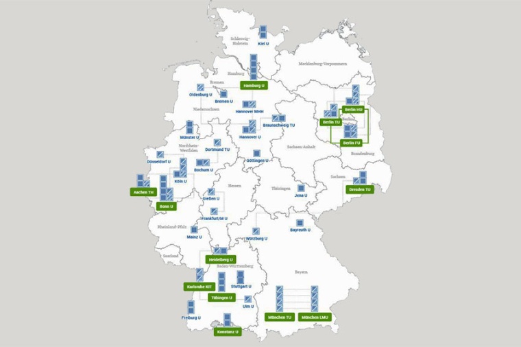 Grün markiert sind die ausgewählten Exzellenzuniversitäten und der Berliner...
