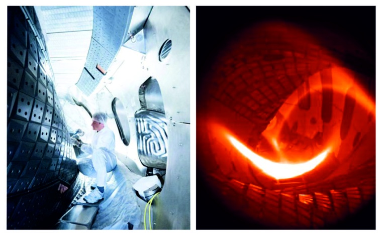 Abb.: Blick in das Plasmagefäß von Wendelstein 7-X (rechts) und erstes...