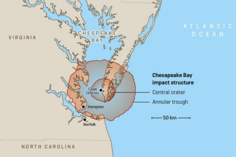 Abb.: Der Krater in der Chesapeake Bay ist heute vollständig von jüngeren...