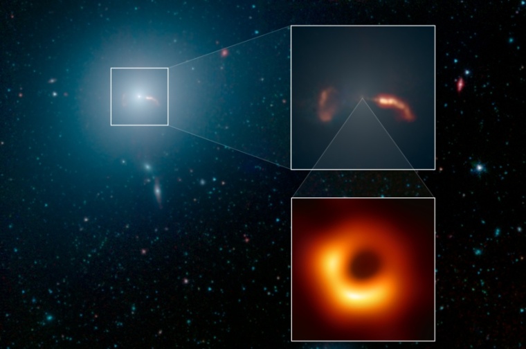 Abb. 1 Die 55 Mio. Lj entfernte Galaxie M87 (links) und ihre beiden aus dem...