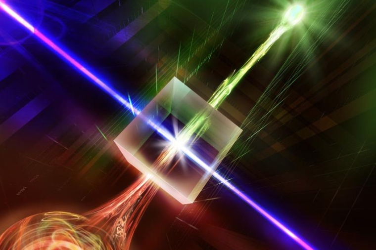 Abb.: In einem nichtlinearen Kristall wird die Wellenlänge des Photons so...