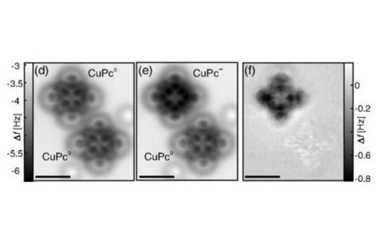 Abb.: Rasterkraft-Aufnahme zweier neutraler CuPc-Moleküle (links). Das linke...