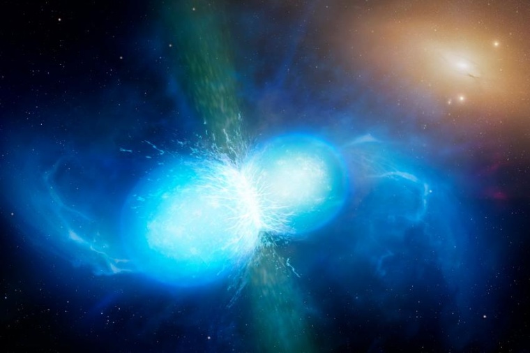 Abb.: Künstlerische Darstellung der Kollision von zwei Neutronensternen...
