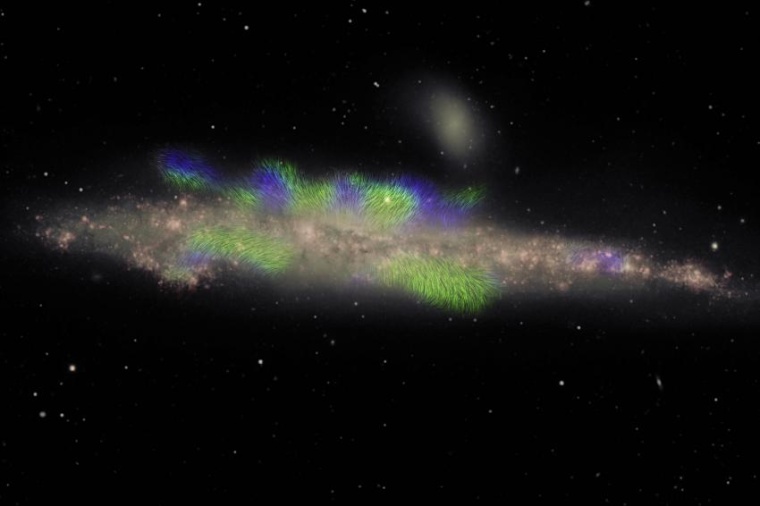 Abb.: NGC 4631 ist von der Kante aus sichtbar. Galaxienscheibe (rosa) und...