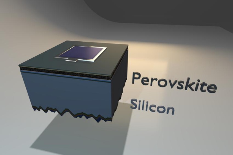 Abb.: Aufbau der Tandemsolarzelle: Zwischen der dünnen Perowskit-Schicht...