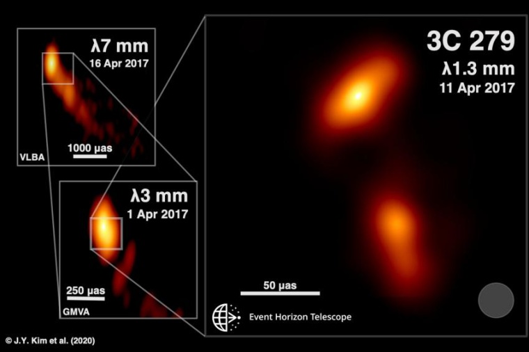 Abb.: Jetstruktur im Zentralbereich des Quasars 3C 279 mit jeweils höherer...