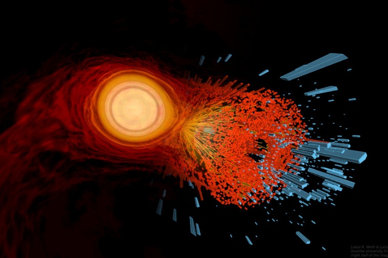 Abb.: Montage aus einer Computer­simulation verschmelzender Neutronen­sterne...