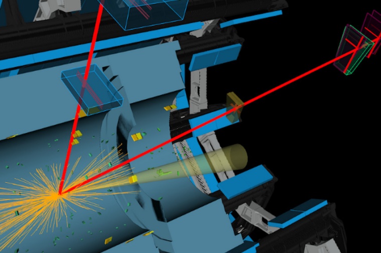 Abb.: ATLAS-Experiment: Kandidat für den Zerfall eines Higgs-Bosons in zwei...