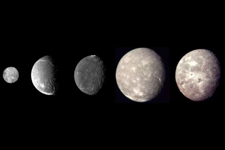 Abb.: Aufnahmen der fünf größten Uranus­monde Miranda, Ariel, Umbriel,...