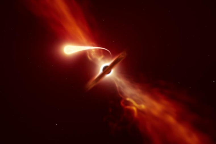 Abb.: Künstlerische Darstellung eines Sterns, der durch die Gezeitenwirkung...