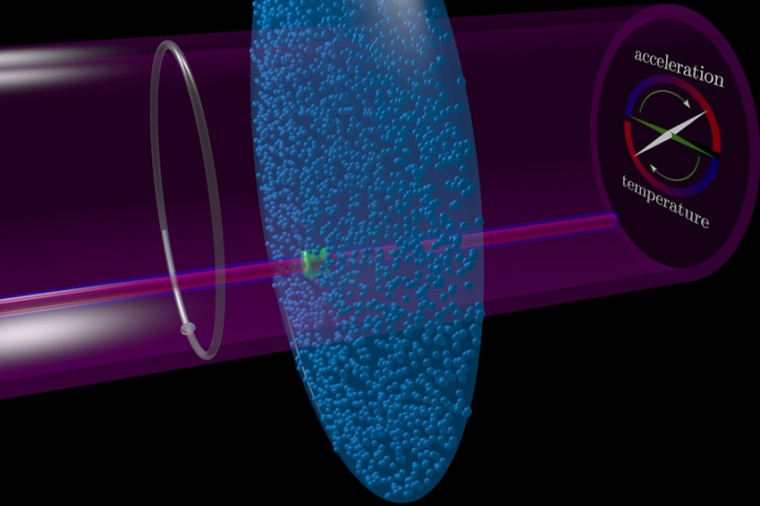 Abb.: Illustration eines Laserstrahls, der auf eine Wolke ultrakalter Atome...