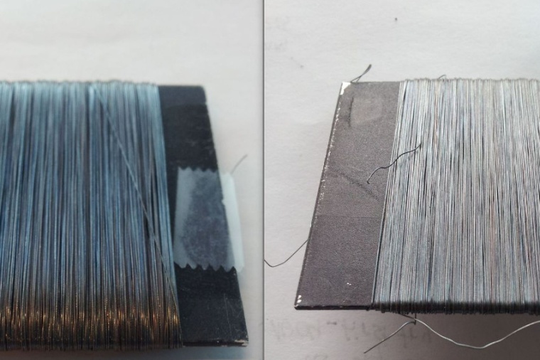 Abb.: Beschichtete Polyester-Fasern vor und nach dem Hitzetest bei 150 Grad...