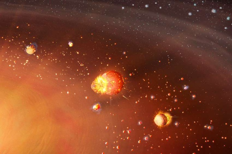Abb.: Die inneren terrestrischen Protoplaneten bilden sich früh und haben...