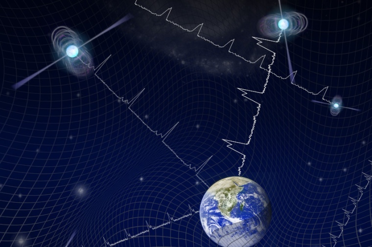 Abb.: Illustration der in die Raumzeit eingebetteten Erde, die durch die...