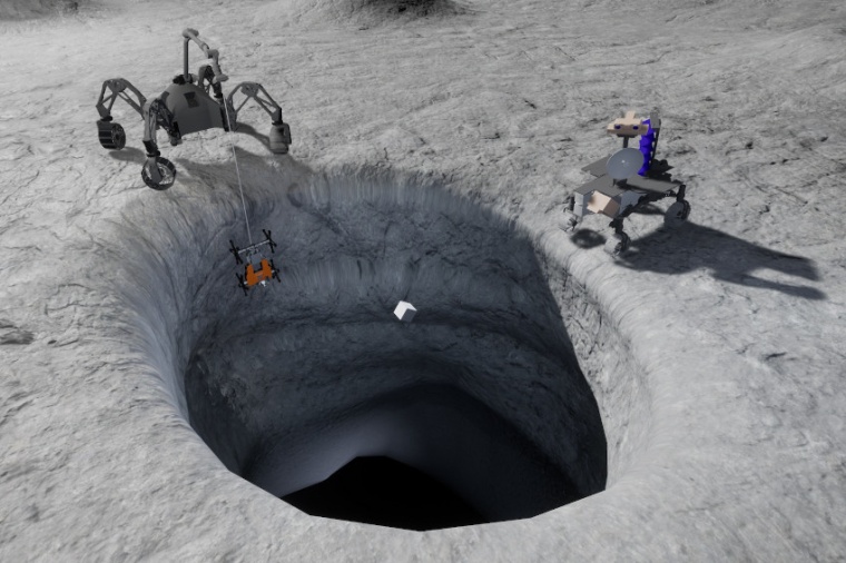 Abb.: Missionsszenario an einer Lava-Höhle auf dem Mond mit drei...