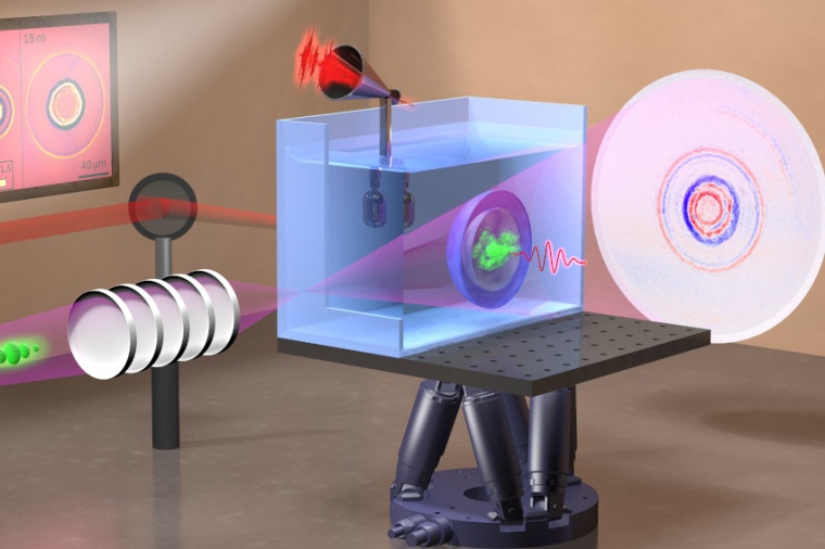 Abb.: Ein Infrarot-Laser­puls wird in reines Wasser fokussiert, wo sich ein...