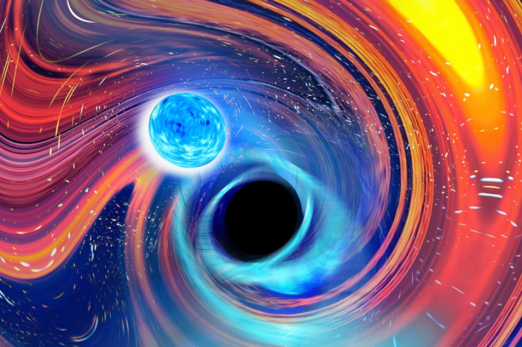 Abb.: Illustration der Verschmelzung eines schwarzen Lochs mit einem...