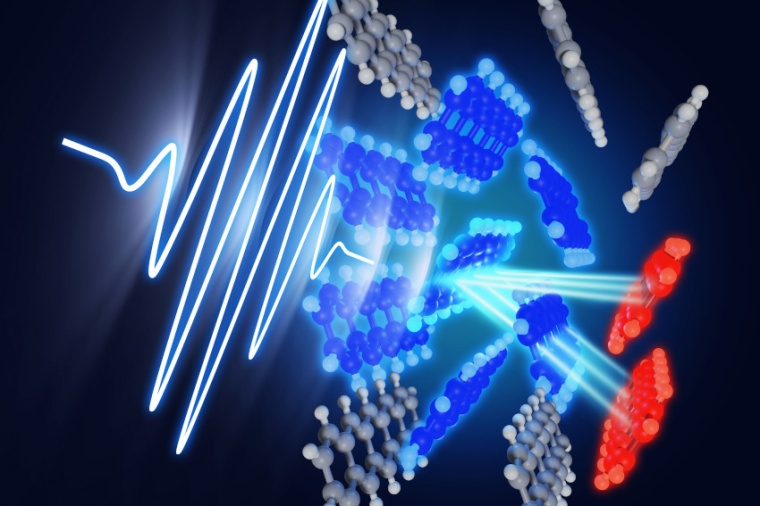 Abb.: Während der Lichtabsorption wird ein Singulett-Exziton (blau) erzeugt,...