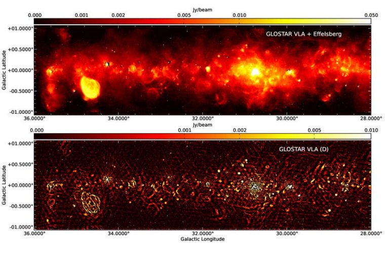 Abb.: Radiokontinuumsbild der GLOSTAR-Pilotregion im Bereich 28° < l