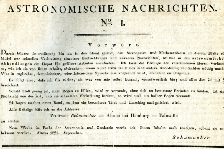 Abb.: Vorwort von Heinrich Christian Schumacher zur ersten Ausgabe des ersten...