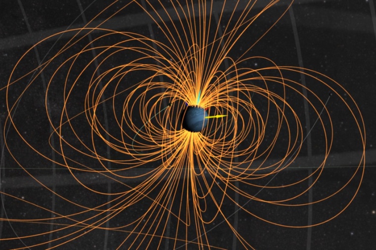 Abb.: Moment­aufnahme des Magnet­feldes des Uranus im Januar 2007. (Bild:...
