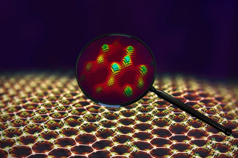 Abb.: Illustration von ultrakalten Atomen im Honigwaben­gitter. Mit dem...