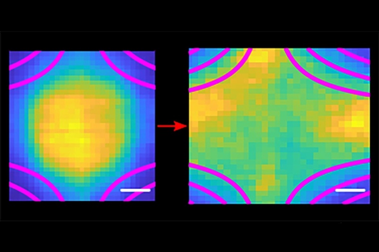 Abb.: Laserinduzierte Fluoreszenz einer ultrakalten Plasmawolke (gelb...