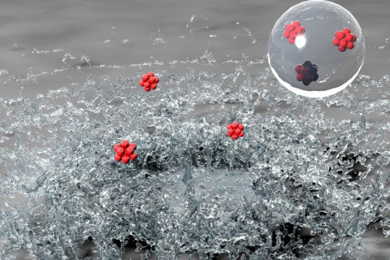 Abb.: Ionen in einem Helium-Nanotröpfchen bleiben beim Aufprall geschützt....