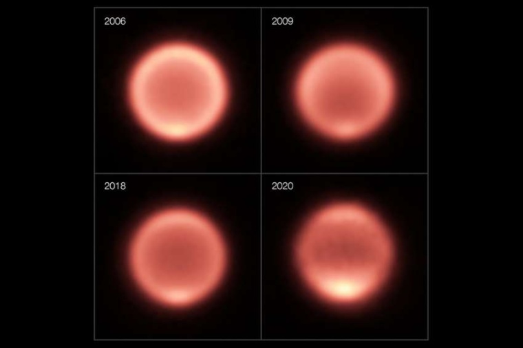 Abb.: Wärme­bilder des Planeten Neptun von 2006 bis 2020. (Bild: ESO / M....