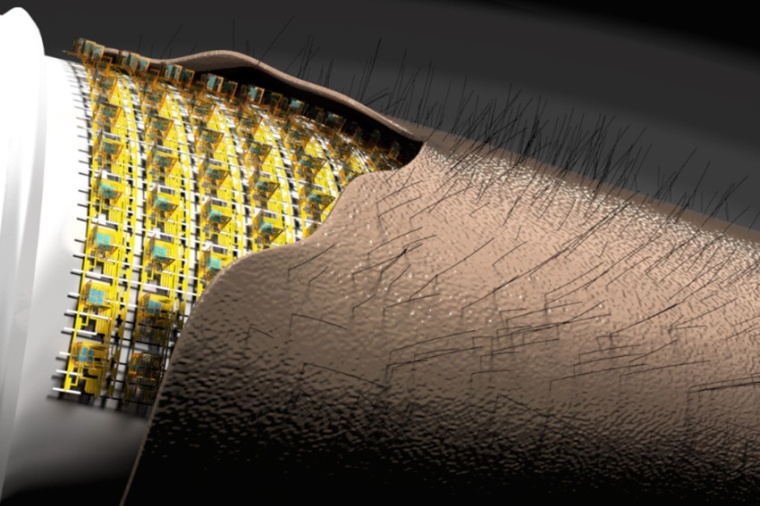 Abb.: Elektronische Haut: Flexible mikro­elektronische 3D Sensorik nimmt...