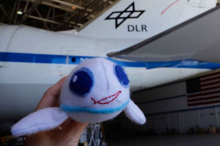 Abb.: Die Plüsch-Sofia vor dem SOFIA-Forschungsflugzeug. (Bild: I. Gryl /...