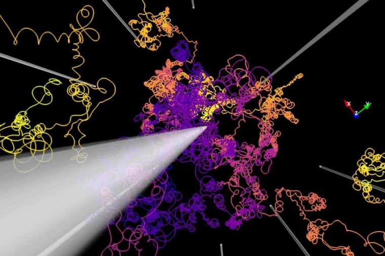 Abb.: Die bunten Linien zeigen, wie kosmische Strahlung in Magnetfeldern...