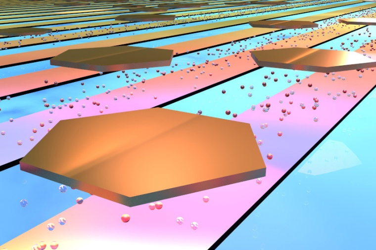 Abb.: Goldene Nanoteilchen sind durch Casimir­kräfte an Metall­streifen...