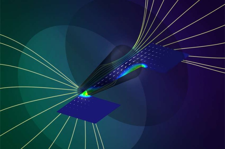 Abb.: Die Nanopore pumpt Flüssigkeit entlang der gelben Stromlinien bzw. der...