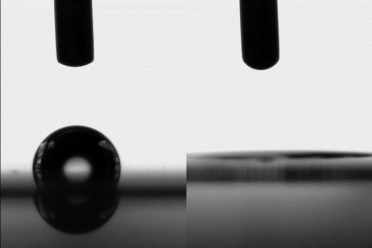 Abb.: Beschichtung mit Titandioxid. Links: Ausgangszustand, hydrophob,...