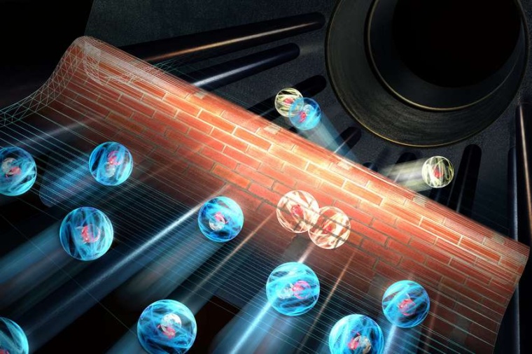 Abb.: Manche Deuterium-Ionen (blau) durchbrechen beim Zusammenstoß mit...