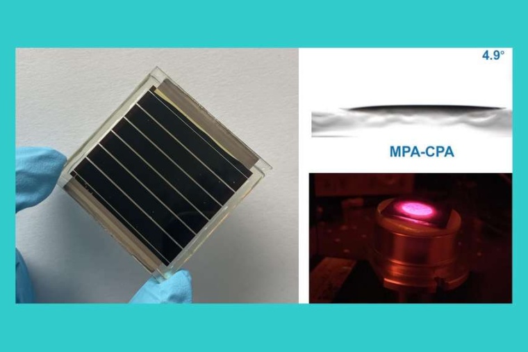 Abb.: Ein Minimodul, oben rechts: Kontaktwinkel der Perowskitlösung auf...